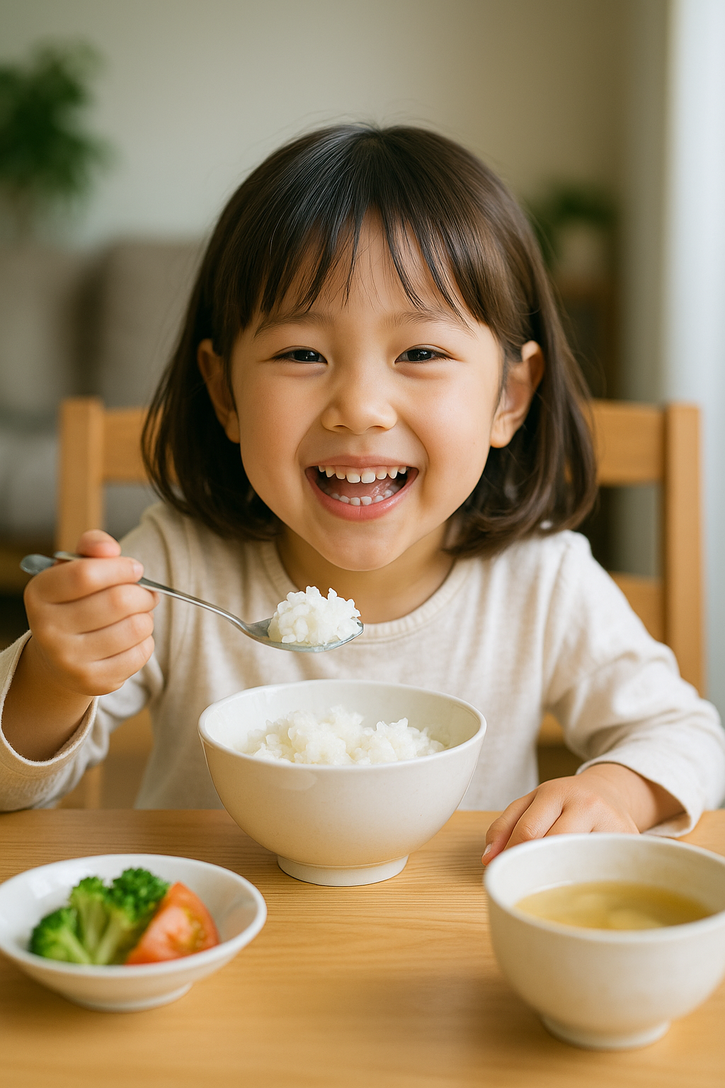 笑顔で朝ごはんを食べる子どもの写真