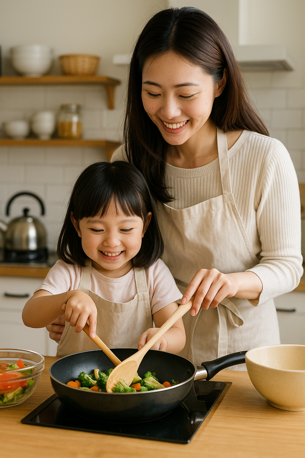 キッチンで子どもと料理をするママの写真